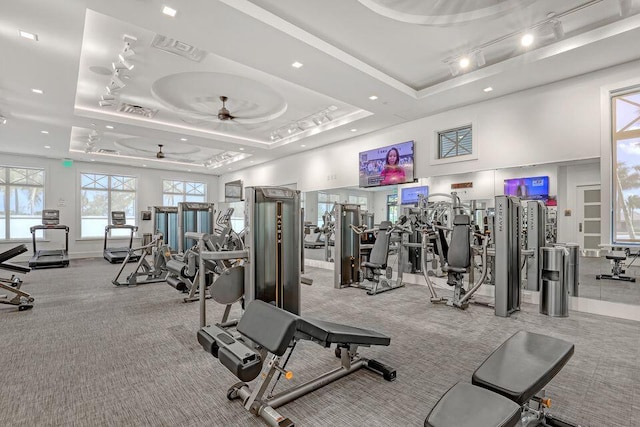 gym with rail lighting, a towering ceiling, carpet, ceiling fan, and a tray ceiling