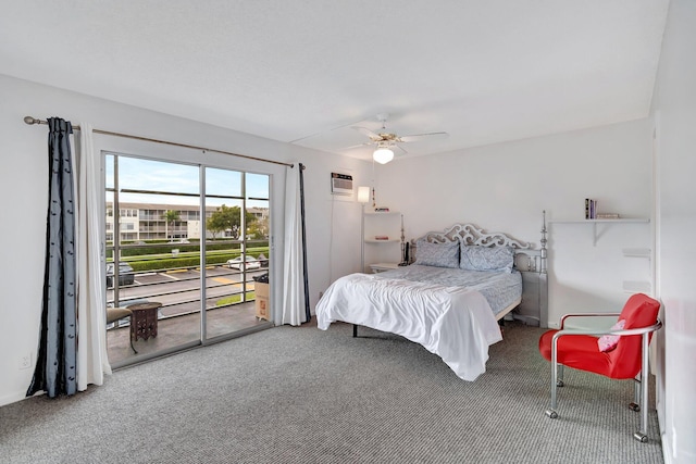 bedroom featuring access to exterior, carpet, and ceiling fan