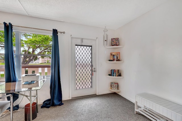 doorway with carpet flooring, a textured ceiling, and baseboards