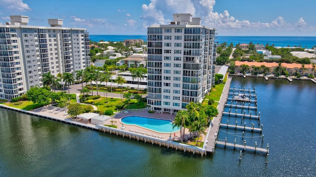 drone / aerial view featuring a water view