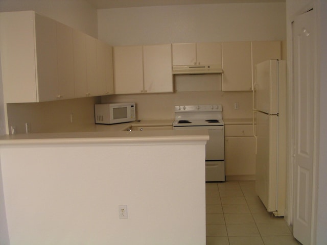 kitchen with white cabinetry, kitchen peninsula, white appliances, and light tile patterned flooring