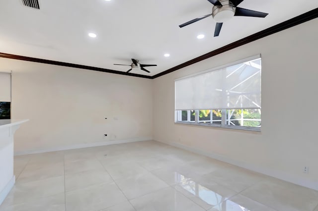 unfurnished room with recessed lighting, visible vents, crown molding, and baseboards