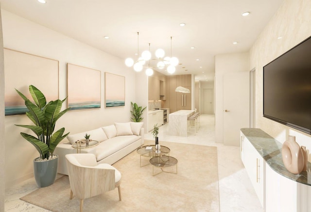 living area featuring a chandelier, marble finish floor, and recessed lighting