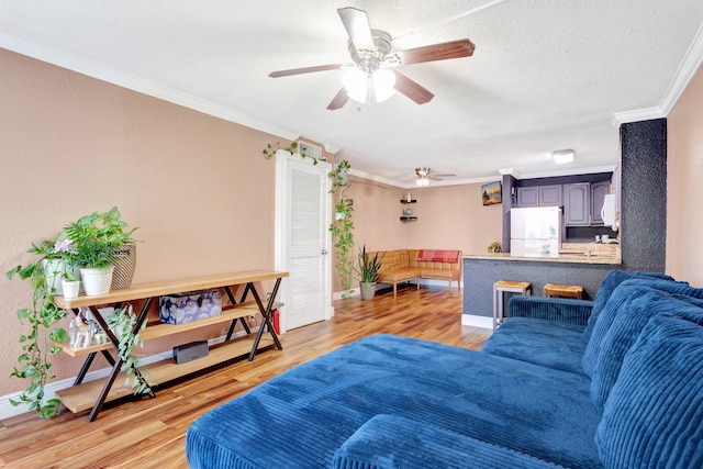 living area featuring a textured ceiling, baseboards, crown molding, and wood finished floors