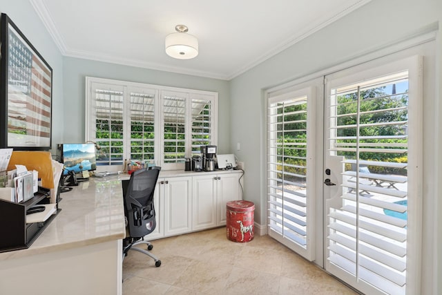 office with ornamental molding and light tile patterned flooring