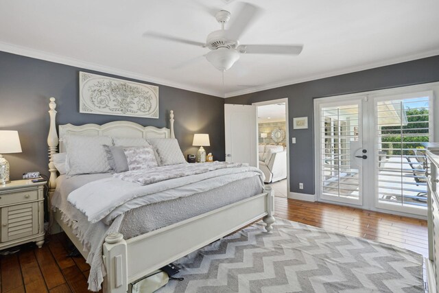 bedroom with ornamental molding, a ceiling fan, light wood-style flooring, and access to exterior