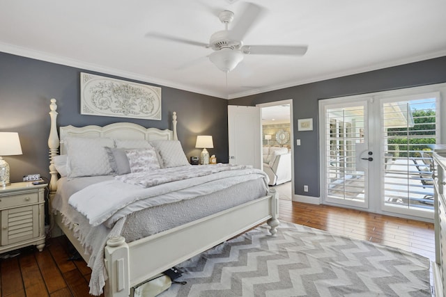 bedroom featuring access to exterior, crown molding, baseboards, wood finished floors, and a ceiling fan