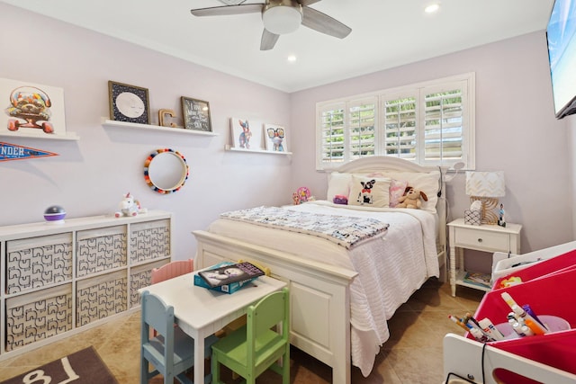 bedroom featuring tile patterned flooring, ceiling fan, and recessed lighting