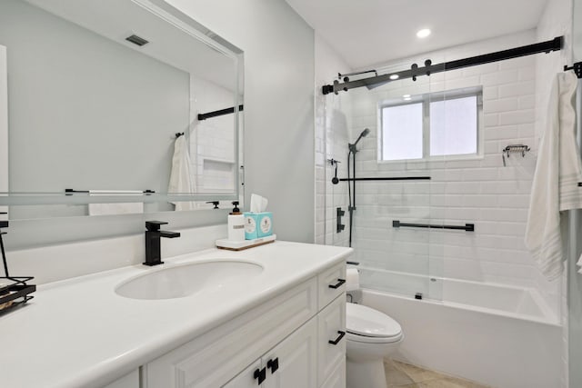 bathroom featuring visible vents, bathing tub / shower combination, toilet, tile patterned floors, and vanity