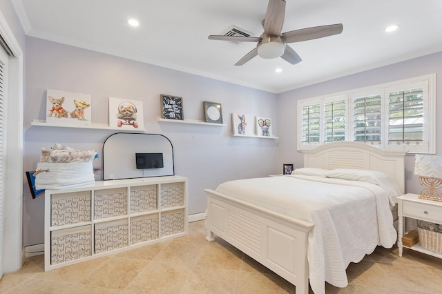 bedroom with recessed lighting, ornamental molding, and a ceiling fan
