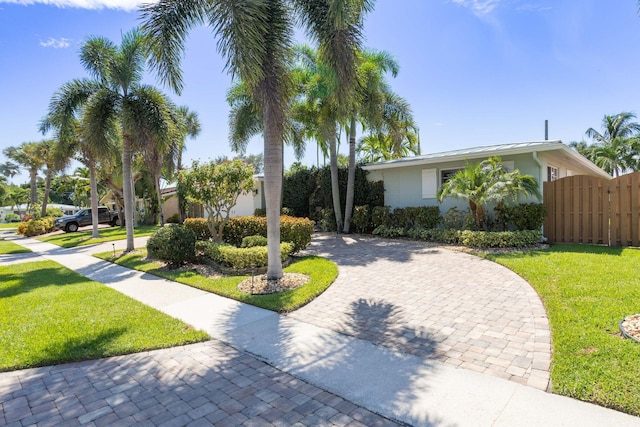 view of front of property featuring decorative driveway, stucco siding, a standing seam roof, metal roof, and a front lawn