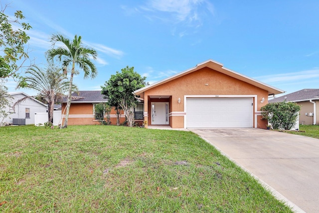 single story home with central AC unit, a front lawn, and a garage