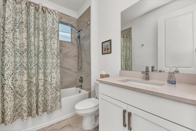 full bath with toilet, shower / bath combination with curtain, and vanity