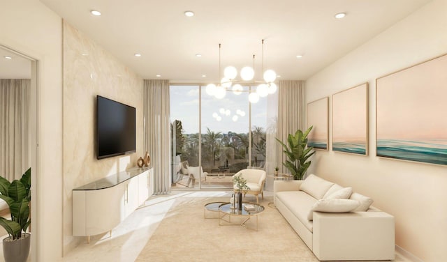 living room with expansive windows and an inviting chandelier