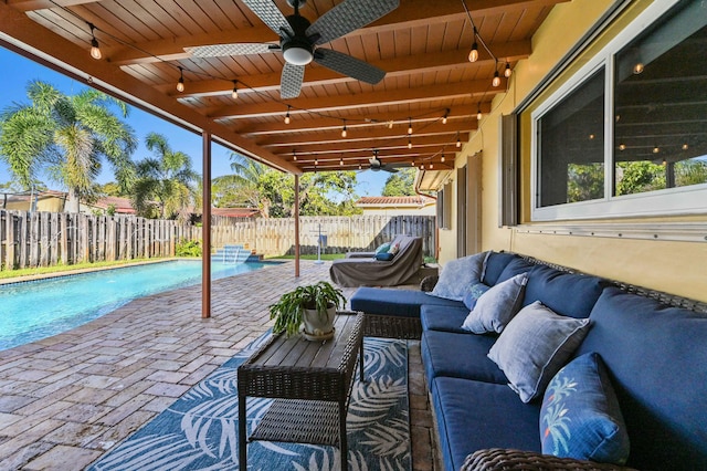 view of patio with a fenced backyard, a ceiling fan, outdoor lounge area, and a fenced in pool