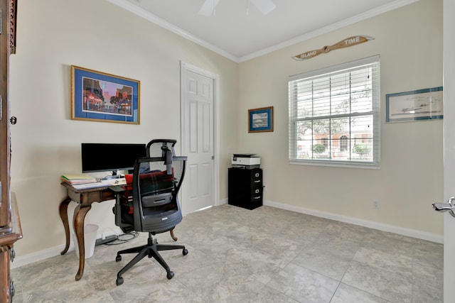 office featuring crown molding and ceiling fan