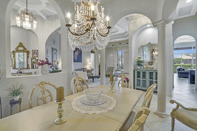 dining room featuring decorative columns, visible vents, arched walkways, a chandelier, and light tile patterned flooring