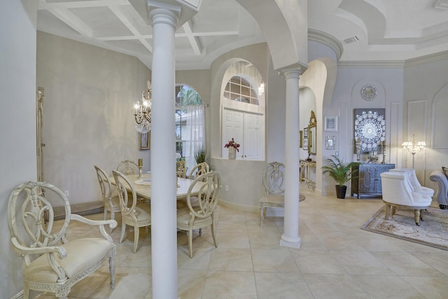 dining area featuring light tile patterned floors, arched walkways, coffered ceiling, a high ceiling, and ornate columns