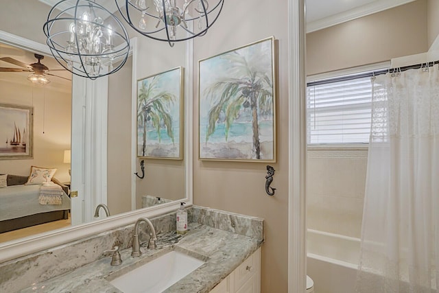 full bath featuring crown molding, shower / bathtub combination with curtain, ensuite bathroom, vanity, and ceiling fan with notable chandelier