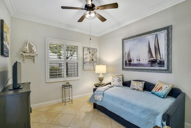 bedroom featuring baseboards, crown molding, and light tile patterned flooring