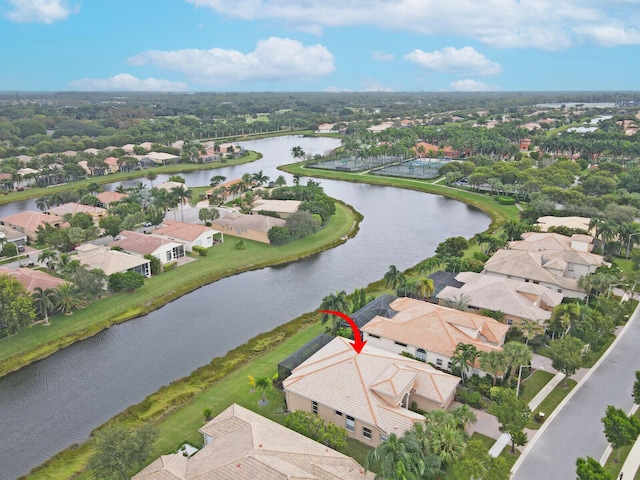 aerial view featuring a water view and a residential view