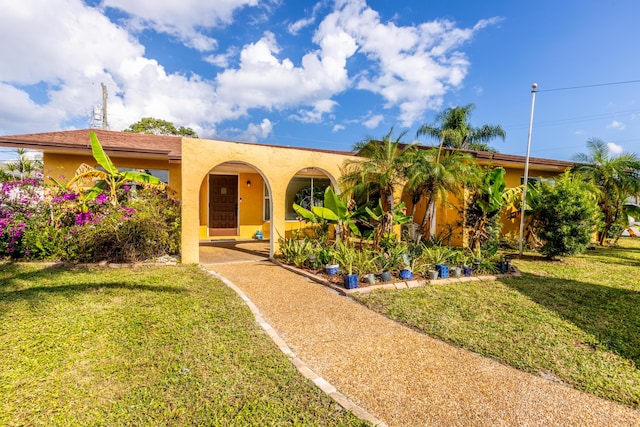 view of front facade featuring a front lawn and stucco siding