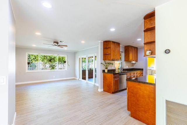 kitchen featuring visible vents, dark countertops, brown cabinets, open shelves, and stainless steel dishwasher