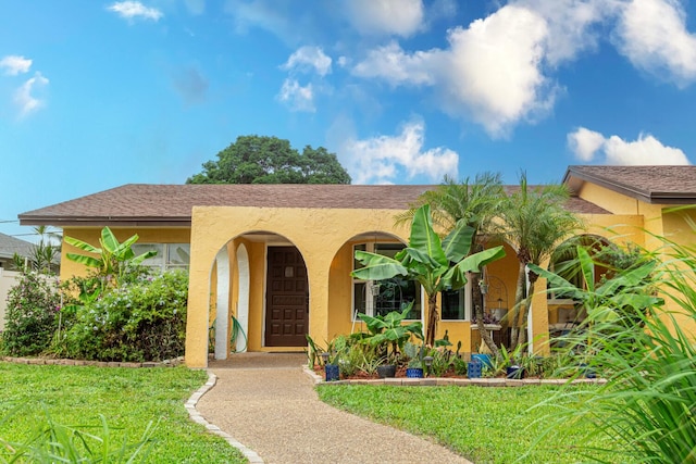 view of front of home with a front lawn and stucco siding