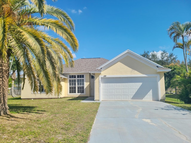 ranch-style home with a garage, a shingled roof, concrete driveway, stucco siding, and a front yard