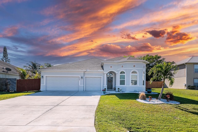 mediterranean / spanish-style house featuring a garage and a lawn