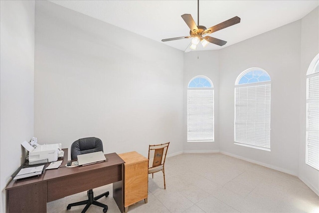 home office featuring a wealth of natural light and ceiling fan