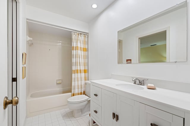 bathroom featuring shower / tub combo with curtain, recessed lighting, toilet, vanity, and tile patterned flooring