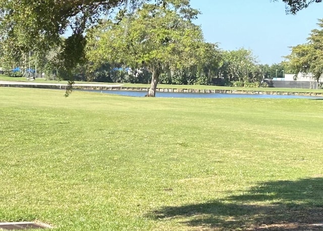 view of community with a water view and a lawn