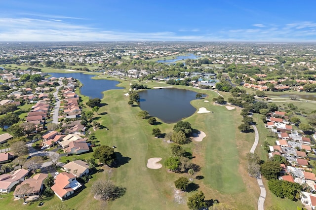 bird's eye view featuring a residential view, a water view, and golf course view