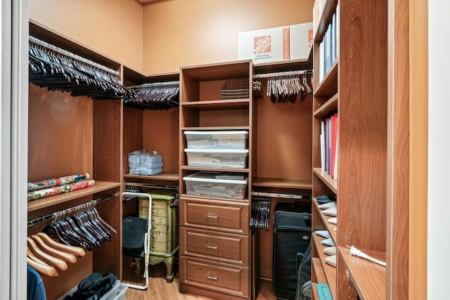 walk in closet with wood finished floors