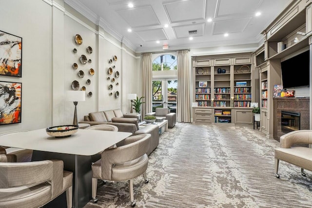 interior space featuring crown molding, recessed lighting, visible vents, and coffered ceiling
