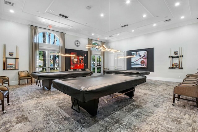playroom with recessed lighting, visible vents, baseboards, and pool table