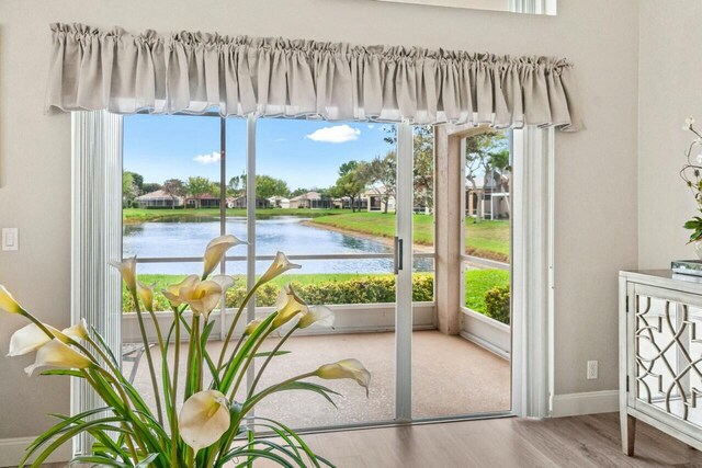 entryway featuring wood finished floors, plenty of natural light, a water view, and baseboards