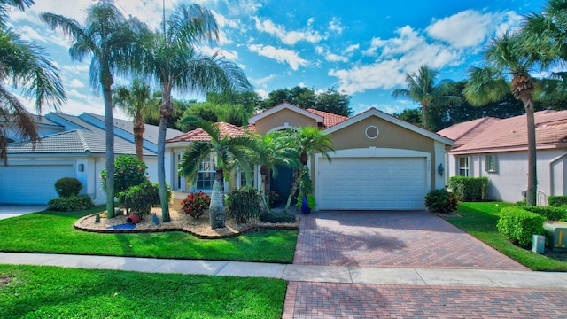 mediterranean / spanish-style house with a garage, decorative driveway, a front yard, and stucco siding