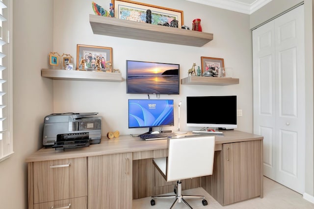 home office with ornamental molding