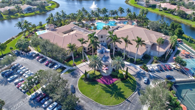 aerial view with a water view and a residential view