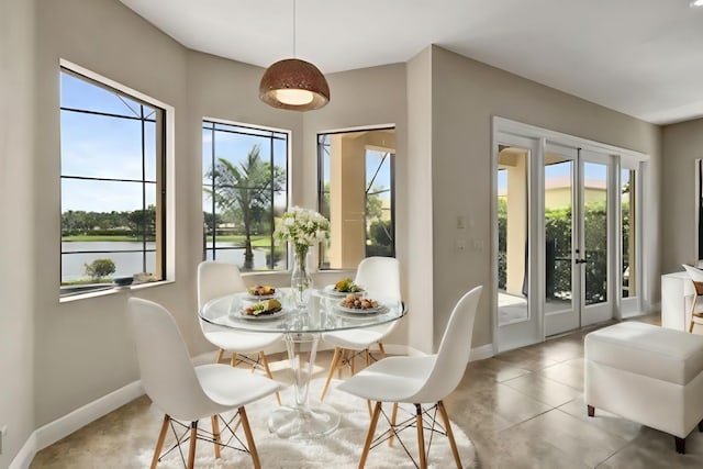 dining space with a water view and a wealth of natural light