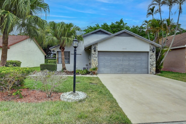 view of front facade with concrete driveway, stone siding, an attached garage, a front lawn, and stucco siding