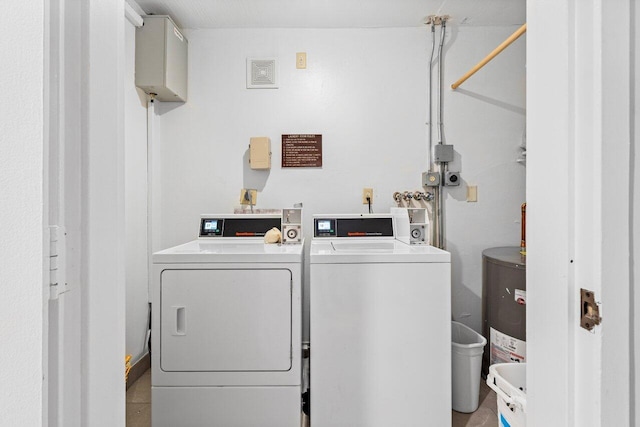 community laundry room with electric water heater and washing machine and clothes dryer