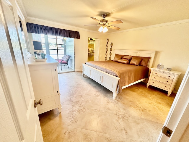 bedroom with access to outside, a ceiling fan, and crown molding