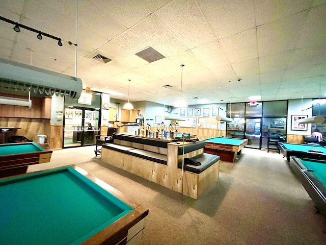 recreation room featuring carpet floors, pool table, visible vents, and a drop ceiling