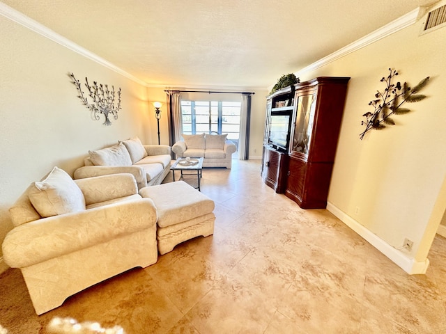 living area with ornamental molding, visible vents, and baseboards