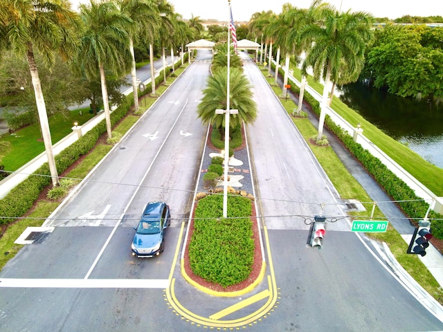 bird's eye view with a water view