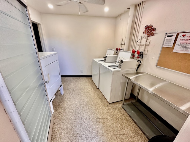 community laundry room featuring a ceiling fan, washer and dryer, baseboards, and recessed lighting