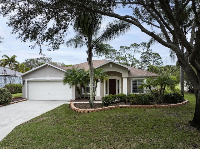 ranch-style home featuring driveway, a front lawn, an attached garage, and stucco siding